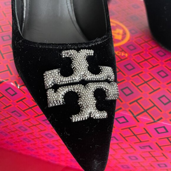 NIB Women's Tory Burch Eleanor Pavé Pointed Toe Black Velvet Pumps - Picture 8 of 16